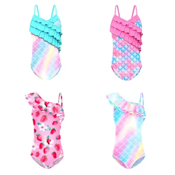 Летнее пляжное бикини в стиле радужной русалки с рюшами для девочек, детский цельный купальник, самостоятельные купальники, детские купальники
