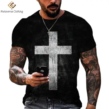 Мужская футболка с перекрестным принтом, топы с короткими рукавами, футболки на годовщину христианства Иисуса, Модный свободный пуловер для отдыха с круглым вырезом