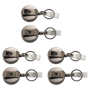 6 Упаковок Выдвижной катушки для бейджа, металлический держатель для бейджа с зажимом для ремня, кольцо для ключей для именной карточки, брелок для ключей, черный