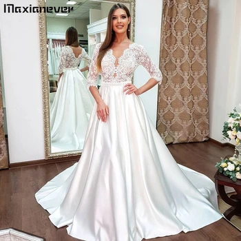 Maxianeve Открытое Кружевное свадебное платье в стиле пэчворк, сексуальное вечернее платье с V-образным вырезом и иллюзией спинки в три четверти, винтажное платье невесты