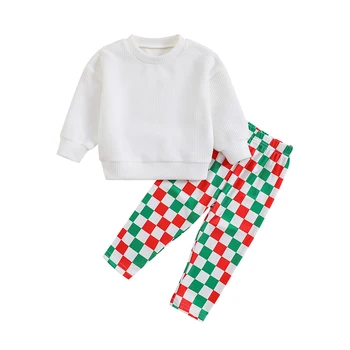 Рождественский наряд для маленьких девочек, толстовка в рубчик с длинным рукавом, Топы, клетчатые брюки, Осенне-зимний наряд