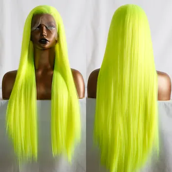 Парик из синтетических волос на кружеве, Зеленое Прямое Термостойкое волокно, Натуральный волосяной покров Без пробора для париков афроамериканок