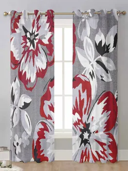 Прозрачные шторы с цветочной красно-серой текстурой для окна гостиной, прозрачная вуалевая тюлевая занавеска, шторы Cortinas для домашнего декора