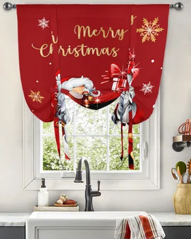 Рождественская занавеска Санта-Клауса для гостиной, кухни, короткие шторы на завязках, регулируемые карманные шторы на штанге.