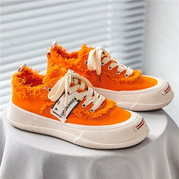 Мужская парусиновая обувь В стиле Харадзюку, Модная Оранжевая Мужская Повседневная обувь, Уличная Дизайнерская Вулканизированная Обувь, Мужские Парусиновые Кроссовки На платформе