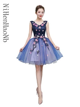 Платье для выпускного вечера 2023, классическое мини-бальное платье с V-образным вырезом и цветочными аппликациями, милые пышные платья, вечернее платье для выпускного вечера
