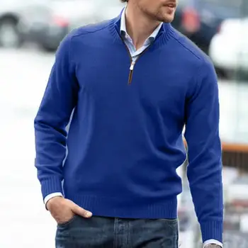 Мужской осенне-зимний свитер, однотонный вязаный топ с полувысоким воротником на молнии, длинный рукав, эластичный мужской пуловер средней длины, топ