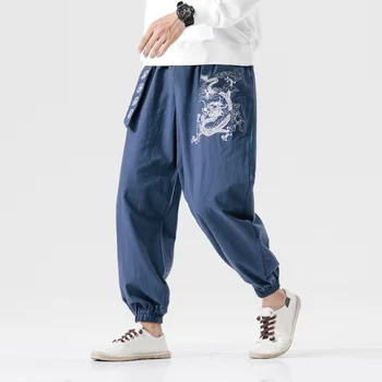 Мужские брюки с вышивкой дракона, повседневные шаровары в корейском стиле, Мужские осенние брюки 2021 года с поясом, свободные мужские брюки оверсайз