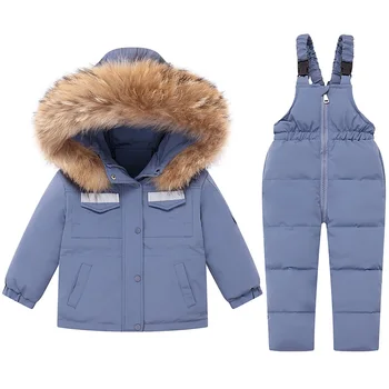 Комплект из 2 предметов, зимняя детская пуховая куртка и детский комбинезон с воротником из натурального меха, утепленный зимний комбинезон для мальчиков, теплые детские парки, верхняя одежда 2-5 лет
