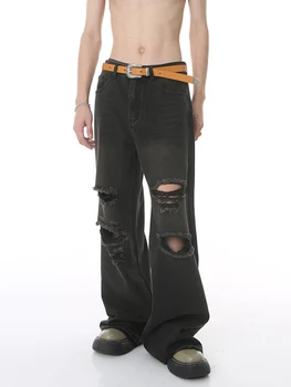 Мужские джинсы Y2k High Street с металлическими пуговицами, широкие мужские летние модные прямые джинсовые брюки в стиле ретро с вырезами