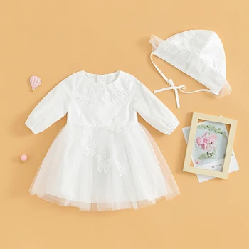 Комплект одежды из 2 предметов для маленькой девочки, платье трапециевидной формы в стиле пэчворк с круглым вырезом и фатиновой бабочкой, осенний наряд со шляпой