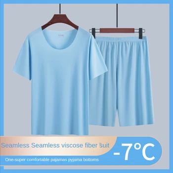 Пижамные комплекты Летние Тонкие мужские пижамы Ice Silk С коротким рукавом и круглым вырезом, повседневная домашняя одежда No Trace, новый размер