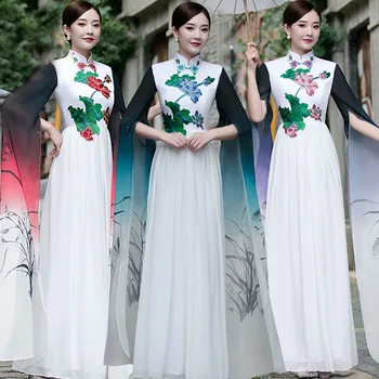 Китайский винтажный Чонсам с вышивкой в виде лотоса Улучшенное элегантное длинное платье Женская одежда с воротником-стойкой Qipao