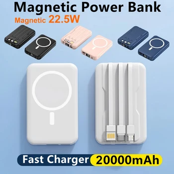 20000 мАч Беспроводной магнитный блок питания мощностью 22,5 Вт, Портативное быстрое зарядное устройство Powerbank Type C, встроенный кабель для аккумуляторной батареи iPhone Xiaomi