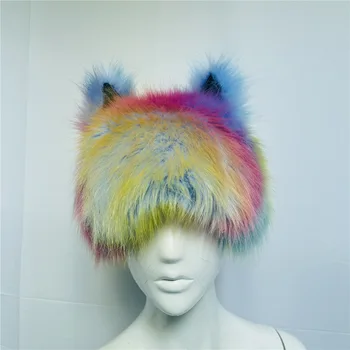 Шапка из искусственного меха, головные уборы с радужными кошачьими ушками, фестивальная забавная шляпа для вечеринки, теплая шапка из цветной лисьей шерсти