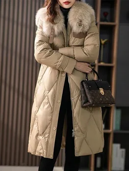 Женская зимняя пуховая куртка 2023 года, пуховик с большим пуховым воротником, женское пуховое пальто длиной до колена, новое длинное зимнее пальто