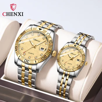Часы Chenxi 8201B Lovers с бриллиантами, золотым ремешком из нержавеющей стали, модные Деловые кварцевые наручные часы Relogios Feminino для пары