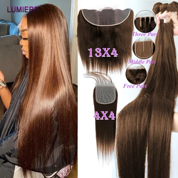 32-Дюймовые Прямые пучки человеческих волос с застежкой Forntal HD Brazilian Hair Weave Bundles Для наращивания Необработанных волос для женщин
