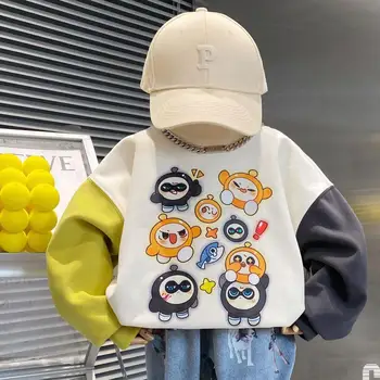 Весенне-осенний модный свитер контрастного цвета для мальчиков 2023, новый Детский топ с длинными рукавами из корейского мультфильма для детей