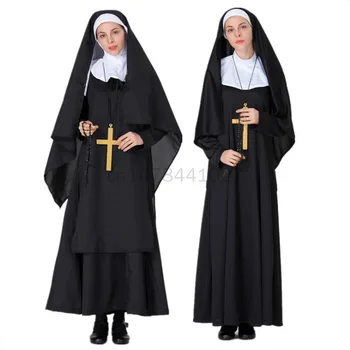 Костюм сестры-монахини на Хэллоуин, женский христианский миссионерский католический косплей, Карнавальная фантазия, маскарадное платье, длинное платье Balck