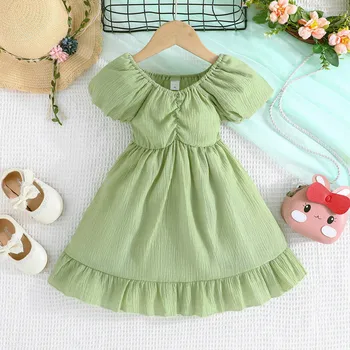 Летнее платье для малышей с коротким рукавом, Однотонное платье, Зеленое платье, Модная Милая верхняя Одежда, Летняя одежда для девочек