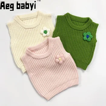 Корейский милый жилет-свитер для маленьких девочек, осенне-зимний детский вязаный жилет без рукавов с цветочным узором, свитер для маленьких девочек, трикотаж