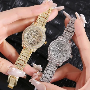 Роскошные женские часы с полным бриллиантом Элегантные брендовые кварцевые часы со стальным браслетом, женские модные наручные часы с кристаллами циркона, часы
