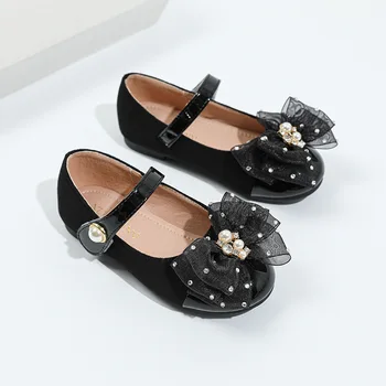 Черные нескользящие кожаные туфли Mary Janes Pearl для девочек, детские вечерние туфли принцессы, модные универсальные детские туфли на плоской подошве с бантом
