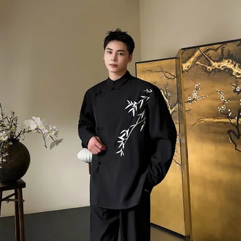 2023 Осенние рубашки в корейском стиле с персонализированной вышивкой в стиле ретро из бамбука, мужские повседневные рубашки со свободным стоячим воротником и пряжкой M-XL