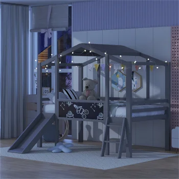 Кровать-чердак с лестницей и горкой Кровать-домик с классной доской и световой лентой на крыше Легко монтируется для мебели для спальни