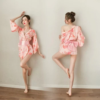 Новое Японское сексуальное женское белье, костюм с принтом Кимоно, Удобная ткань, Шифоновая пижама, Горячее платье, Соблазнительный Халат, возбуждающий похоть.