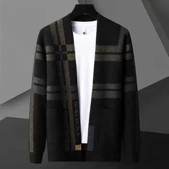 Модный брендовый мужской вязаный кардиган в полоску, весна и осень 2023, Новая изысканная жаккардовая контрастная повседневная шаль, свитер, пальто