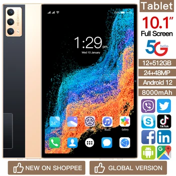 Android 12 12G + 512G WiFi Планшет Глобальная Версия Новый Планшетный ПК 10,1 Дюймов PC Планшет с Двумя SIM-Картами 5G Телефонный Звонок Планшет для подарков