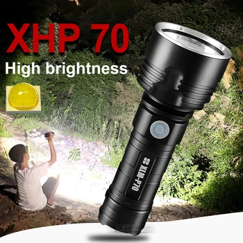 Перезаряжаемый светодиодный фонарик XHP70, Портативный прожектор, Ручная лампа для зарядки через USB, индикатор питания, наружная лампа, Водонепроницаемый прожектор