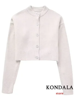 KONDALA/ Винтажные шикарные женские куртки-свитера, однотонные вязаные теплые пальто с круглым вырезом и пуговицами, Новая мода 2023, осенне-зимние женские куртки