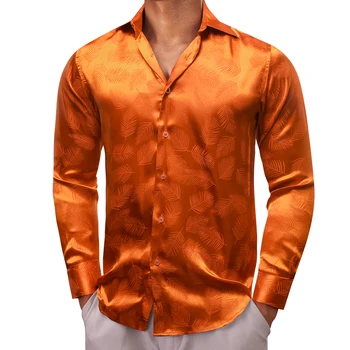 Роскошные рубашки для мужчин из шелкового атласа с длинными рукавами и оранжевыми листьями, Облегающие мужские блузки, топы с отложным воротником, Дышащая одежда