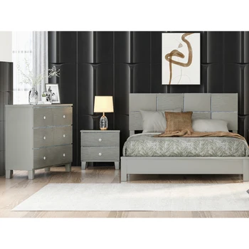 Спальный гарнитур из 3 предметов цвета шампанского, серебристый, двуспальная кровать + тумбочка + комод, простой в сборке, для мебели для спальни в помещении