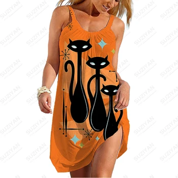 Летнее новое женское платье на подтяжках, женское платье-камзол с 3D принтом кота, модный тренд, повседневное свободное женское платье на подтяжках