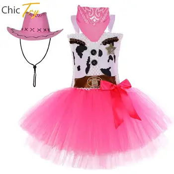 3шт Детский костюм пастушки на Хэллоуин для девочек, платье-пачка без рукавов с коровьим принтом, платье на бретелях со шляпой в комплекте, наряд для выступлений