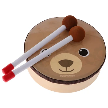 Барабан с рисунком мультяшного Медведя Музыкальная игрушка Ударный инструмент с барабанными палочками Ремешок для детей Детские бубны