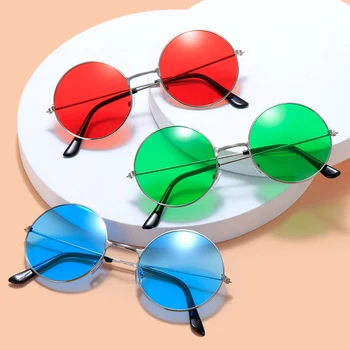 Ретро Маленькие круглые солнцезащитные очки в стиле хиппи, Модные Солнцезащитные очки в металлической оправе, Дискотека, вечеринка с карамельными линзами, очки для женщин и мужчин