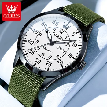 OLEVS 9973 Новые мужские кварцевые часы в стиле милитари, водонепроницаемые, со светящимся нейлоновым ремешком, мужские наручные часы с двойным календарем, мужские часы