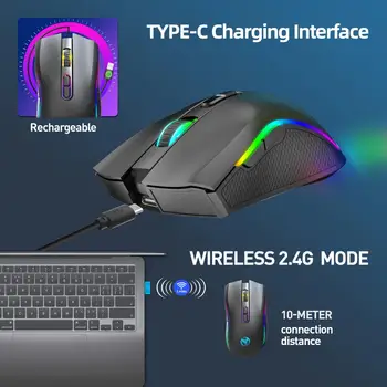 Беспроводная мышь T69 с частотой 2,4 ГГц RGB, 7 кнопок, Эргономичная Перезаряжаемая Универсальная беспроводная Компьютерная игровая мышь Type-C, Аксессуары для ПК