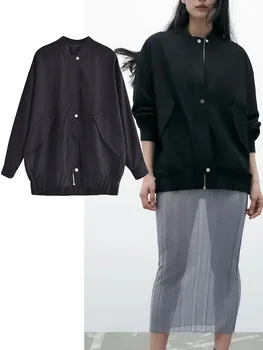 Весенняя однотонная куртка-пальто TRAF для женщин 2023 года, винтажные женские карманы с длинным рукавом, Топы на молнии большого размера, Верхняя одежда