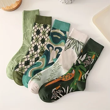5 пар носков средней длины для удобных и дышащих студенческих спортивных носков, зеленые молодежные носки с принтом Forest Style