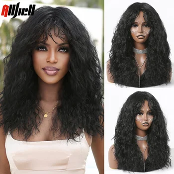 Черные парики в африканском стиле, синтетический парик средней длины с челкой, натуральные волосы для женщин, кудрявые волосы для ежедневных вечеринок, термостойкие