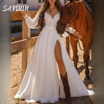 Белое Свадебное платье с круглым вырезом и длинным рукавом, плиссированная юбка с цветочной вышивкой