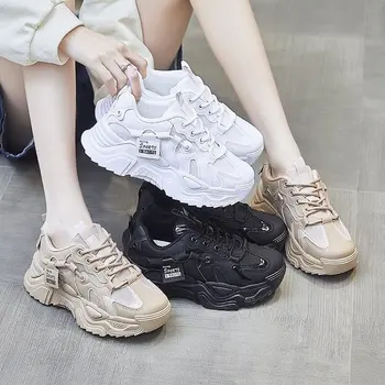 Массивные кроссовки Повседневная вулканизированная обувь Женская обувь на высокой платформе Зимние женские белые кроссовки-корзинки на шнуровке Женская обувь для бега