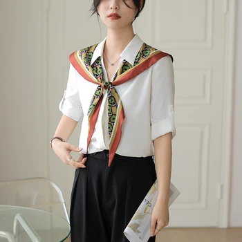 Белые офисные женские рубашки, Женский шелковый шарф, лоскутные блузки с четвертью рукава и отложным воротником, осенние рубашки, Топы, женские 06186