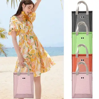 Сетчатая пляжная сумка-тоут, водонепроницаемая, защищенная от песка, женская летняя пляжная сумка с милым принтом в виде глаз, большая вместительная складная повседневная сумка